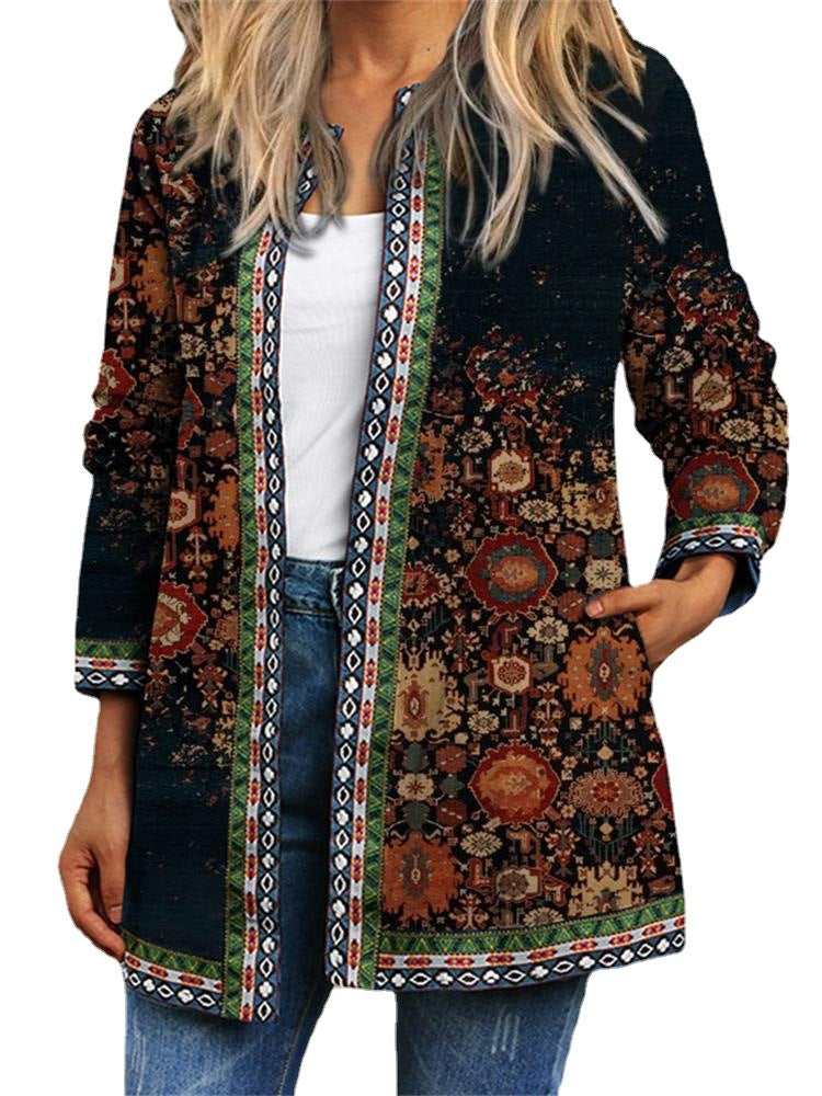 New Vintage Ethnic Printed Long Sleeve Coat For Women