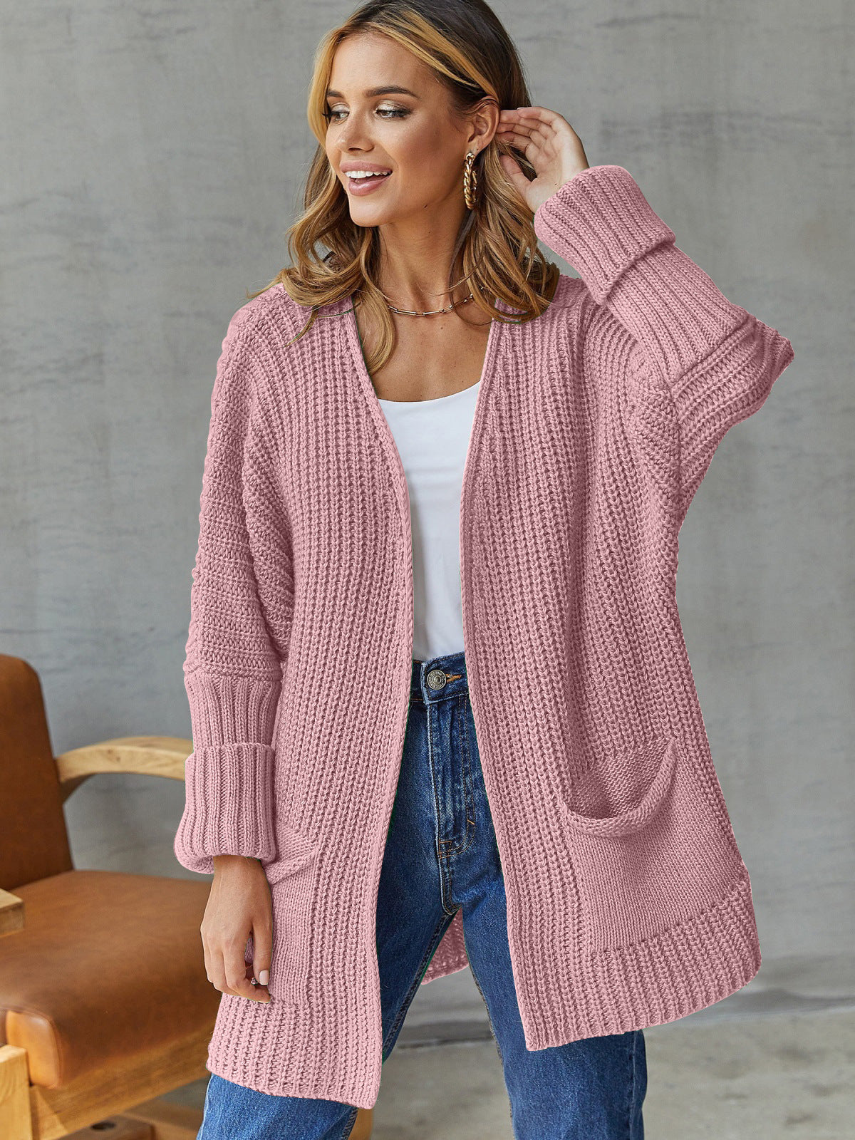 Solid Color Loose Knit Sweater Cardigan