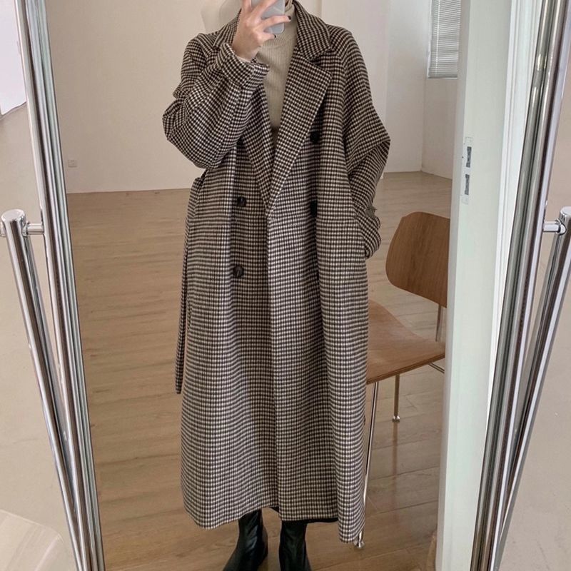 Women's Fashionable Loose Mid-length Houndstooth Plaid Coat