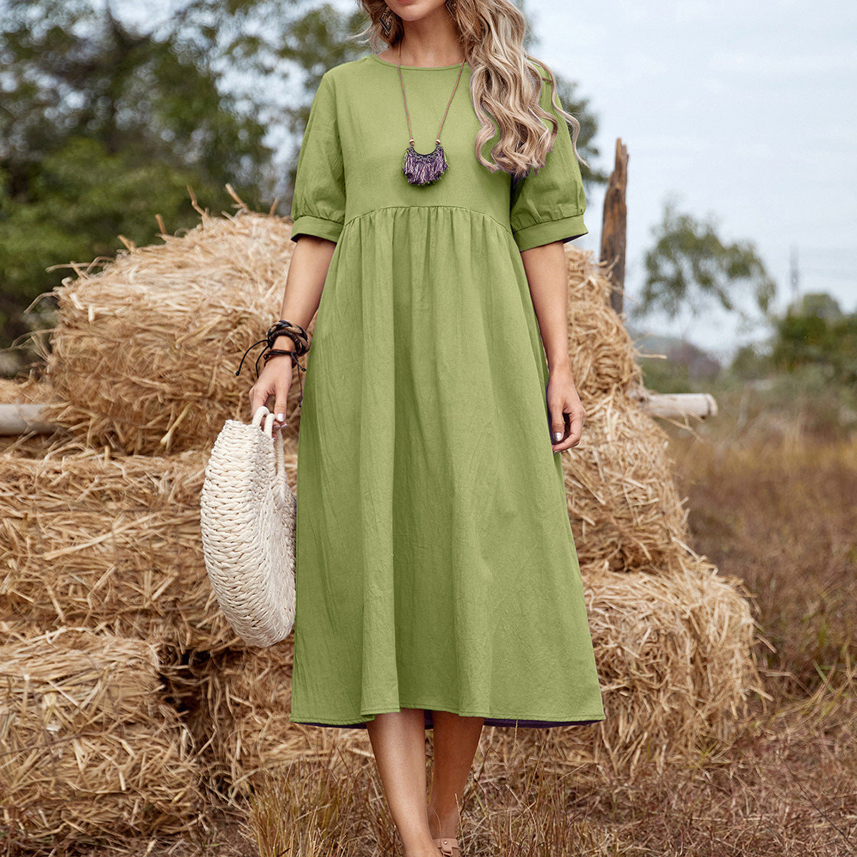 Solid Color Loose Waist Cotton Linen Round-neck Dress