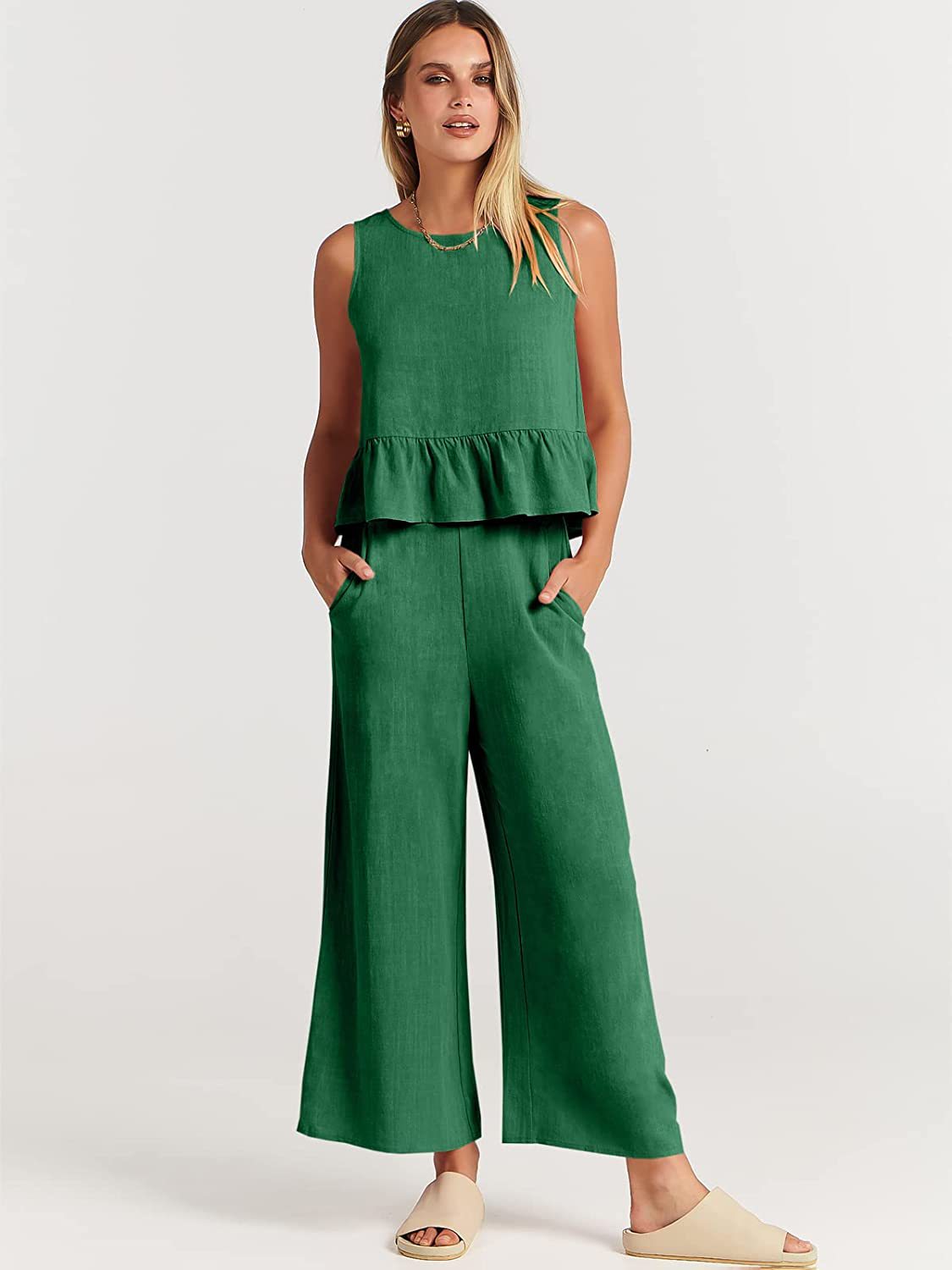 Casual Suit Summer Sleeveless Pleated Vest And Wide-leg Cropped Pants