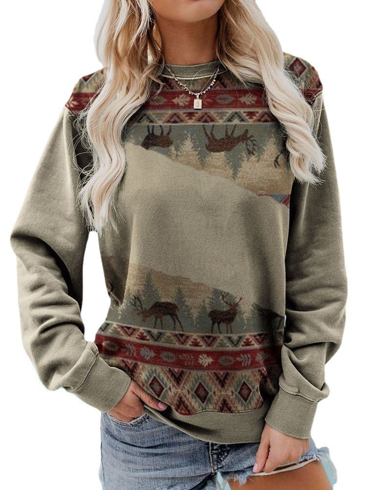 Spring And Autumn Leisure Printed Round Neck Long Sleeve