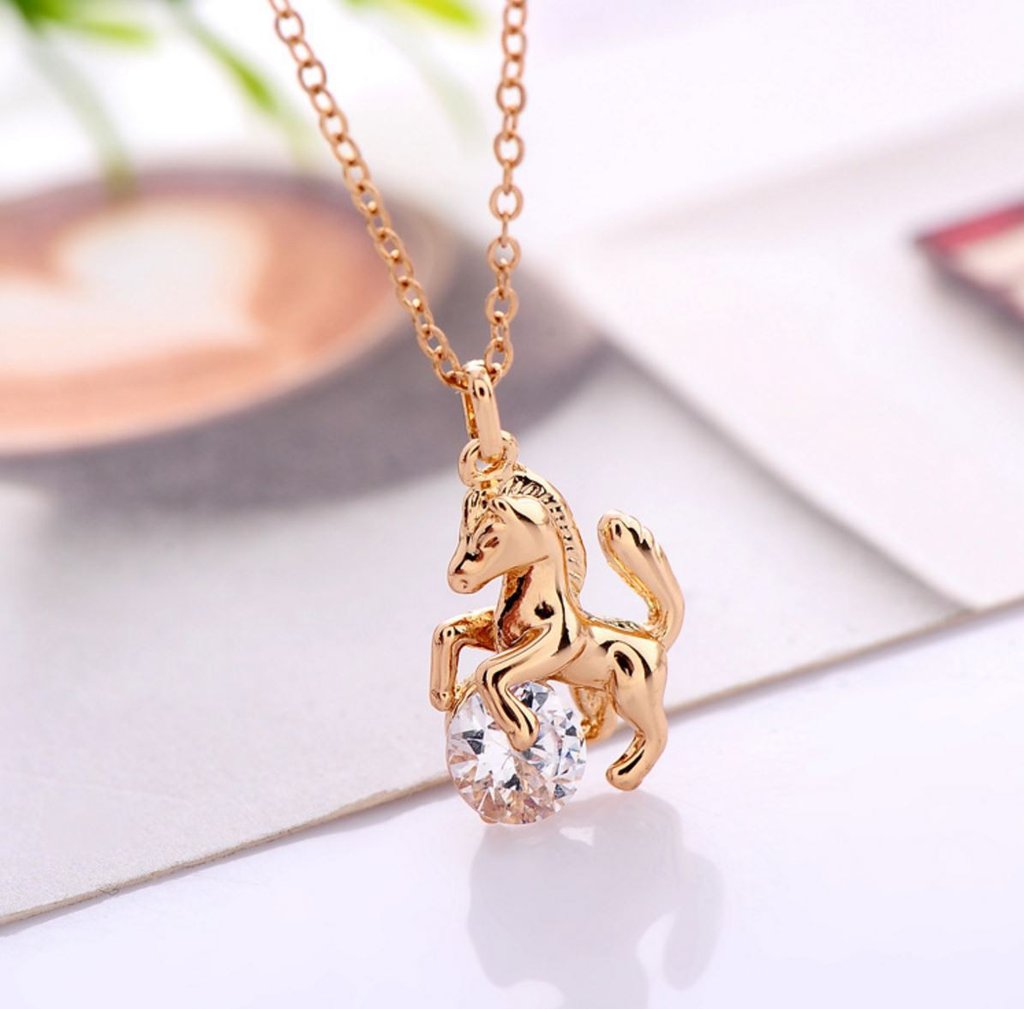 Horse and Crystal Pendant Necklace Gold Silver Rose