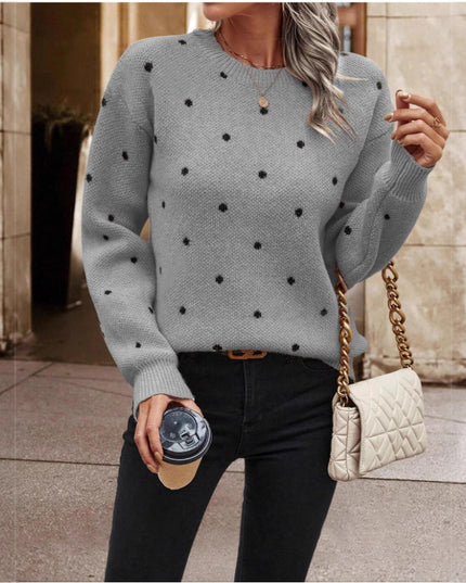 Fashionable polka dot print pullover sweater designed for a chic and casual look