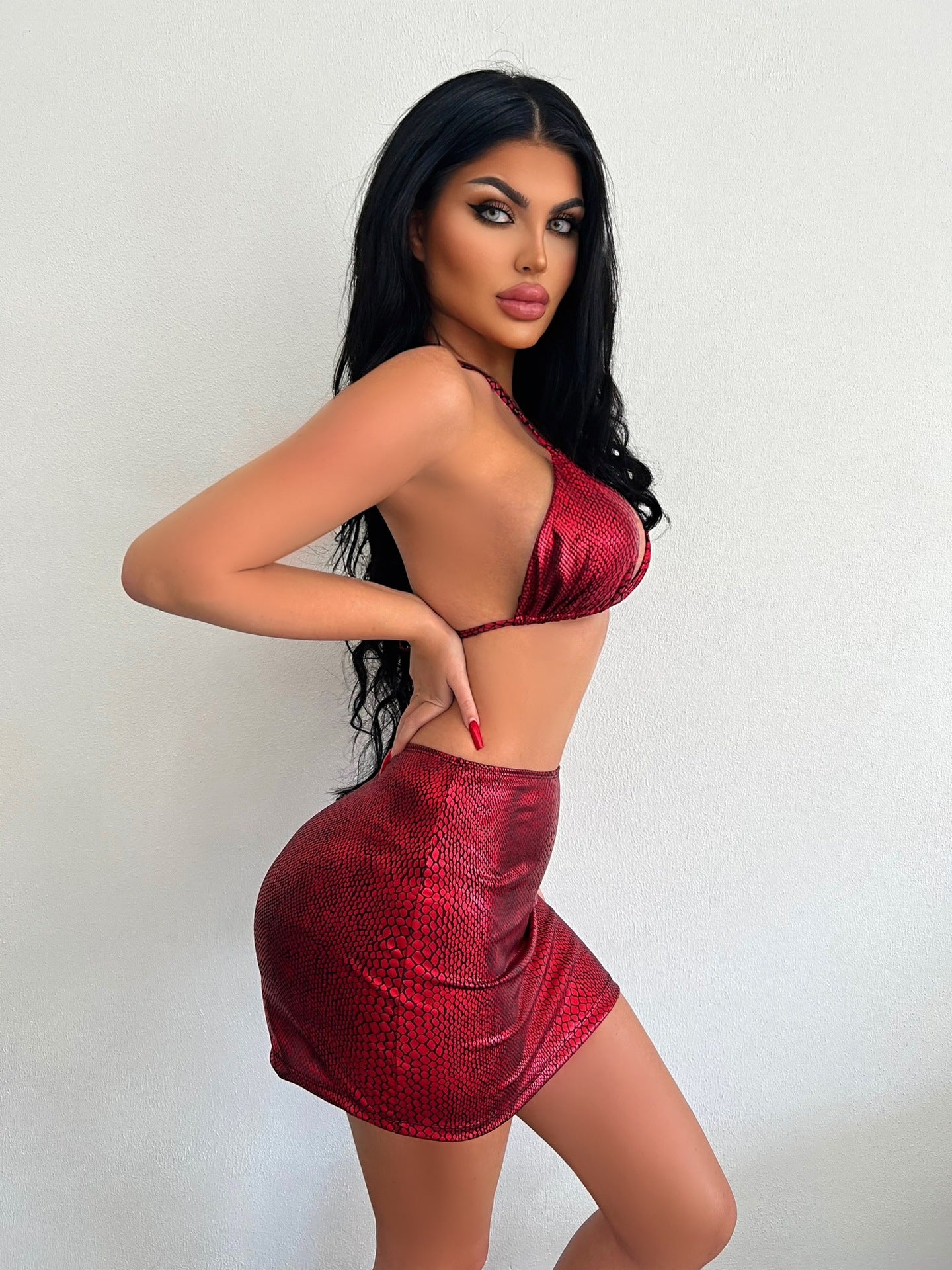 3 Piece Bathing Suits Halter Snake Pattern Bikini Set With Cover Up Skirt