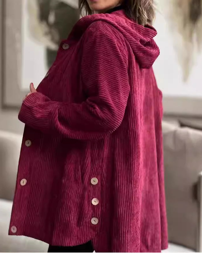 Corduroy hooded jacket with a mid-length -  button closure, and pockets