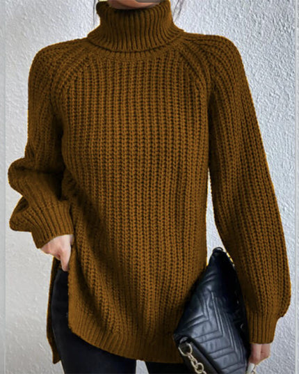 Turtleneck Pullover Sweater With Split Design Fashion Simple Solid Color Long Sleeve Tops Women's Clothing