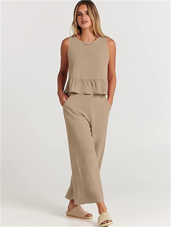 Casual Suit Summer Sleeveless Pleated Vest And Wide-leg Cropped Pants