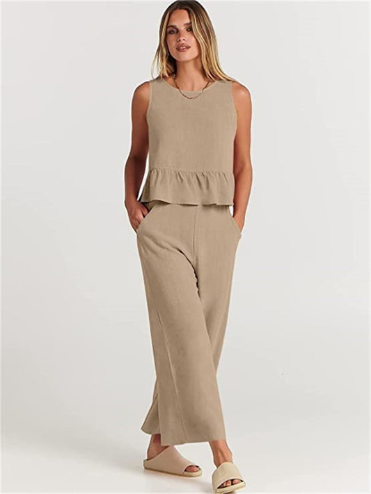 Casual Suit Summer Sleeveless Pleated Vest And Wide-leg Cropped Pants