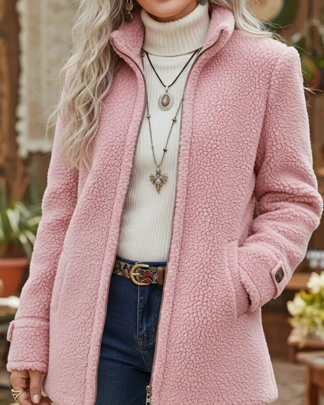 Stand-Up Collar Solid-Color Loose Casual Long-Sleeve Fleece Zip-Up Jacket