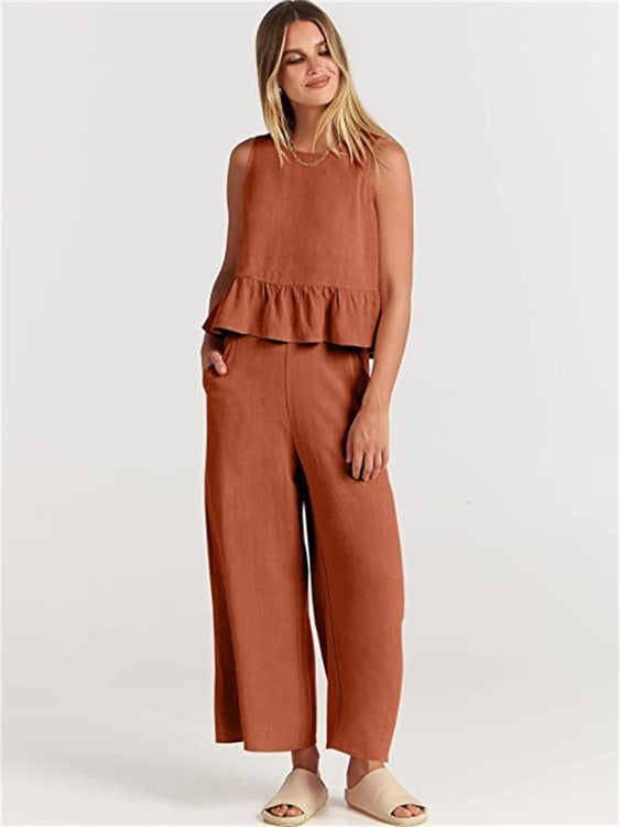Casual Suit Summer Sleeveless Pleated Vest And Wide-leg Cropped Pants