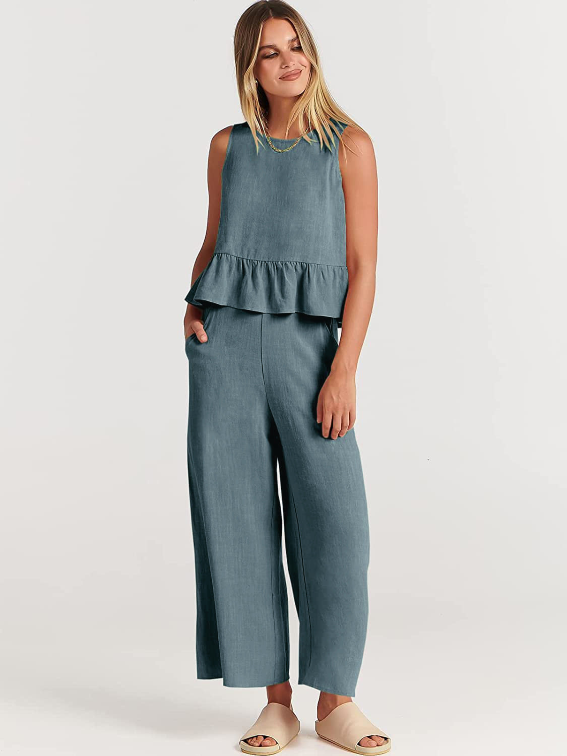 Casual Suit Summer Sleeveless Pleated Vest And Wide-leg Cropped Pants