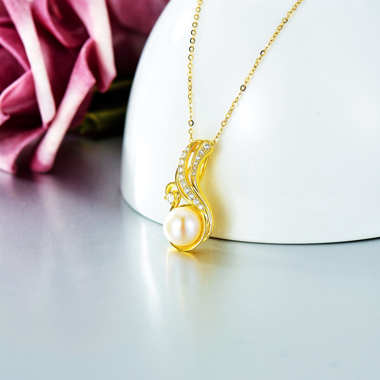 Gold Plated Ocean Wave Pearl Necklace S925 Sterling Silver Pendant For Women
