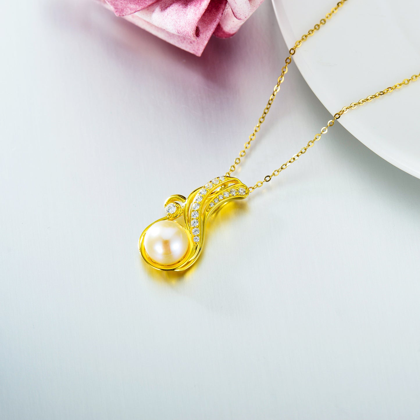 Gold Plated Ocean Wave Pearl Necklace S925 Sterling Silver Pendant For Women