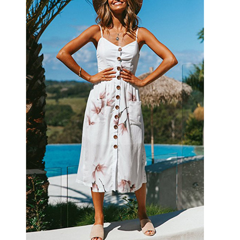 Summer New Sexy Sling Button Halter Dress Women