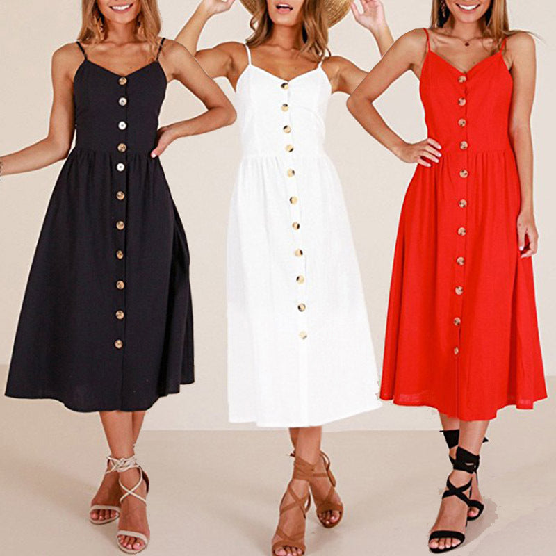 Summer New Sexy Sling Button Halter Dress Women