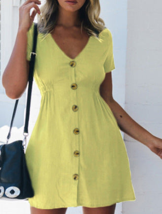 New women's solid color V-neck slim single-breasted button high waist dress for women