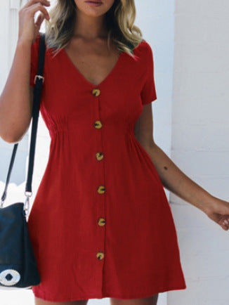 New women's solid color V-neck slim single-breasted button high waist dress for women