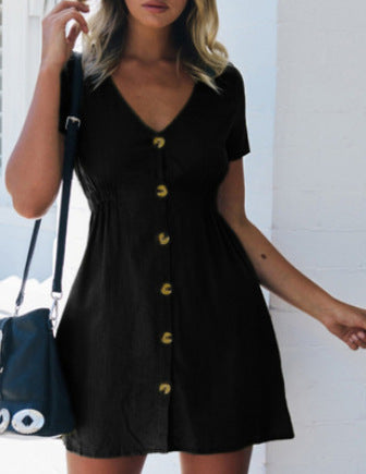 New women's solid color V-neck slim single-breasted button high waist dress for women
