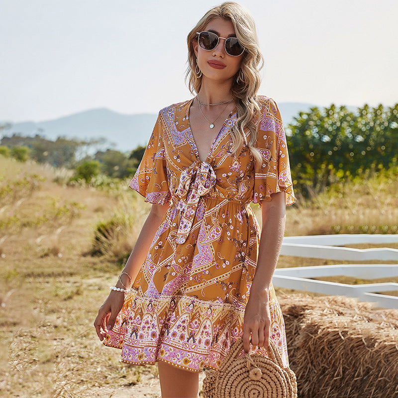 Bowknot A-Line Skirt With V-Neck Holiday Print Women's Dress Women