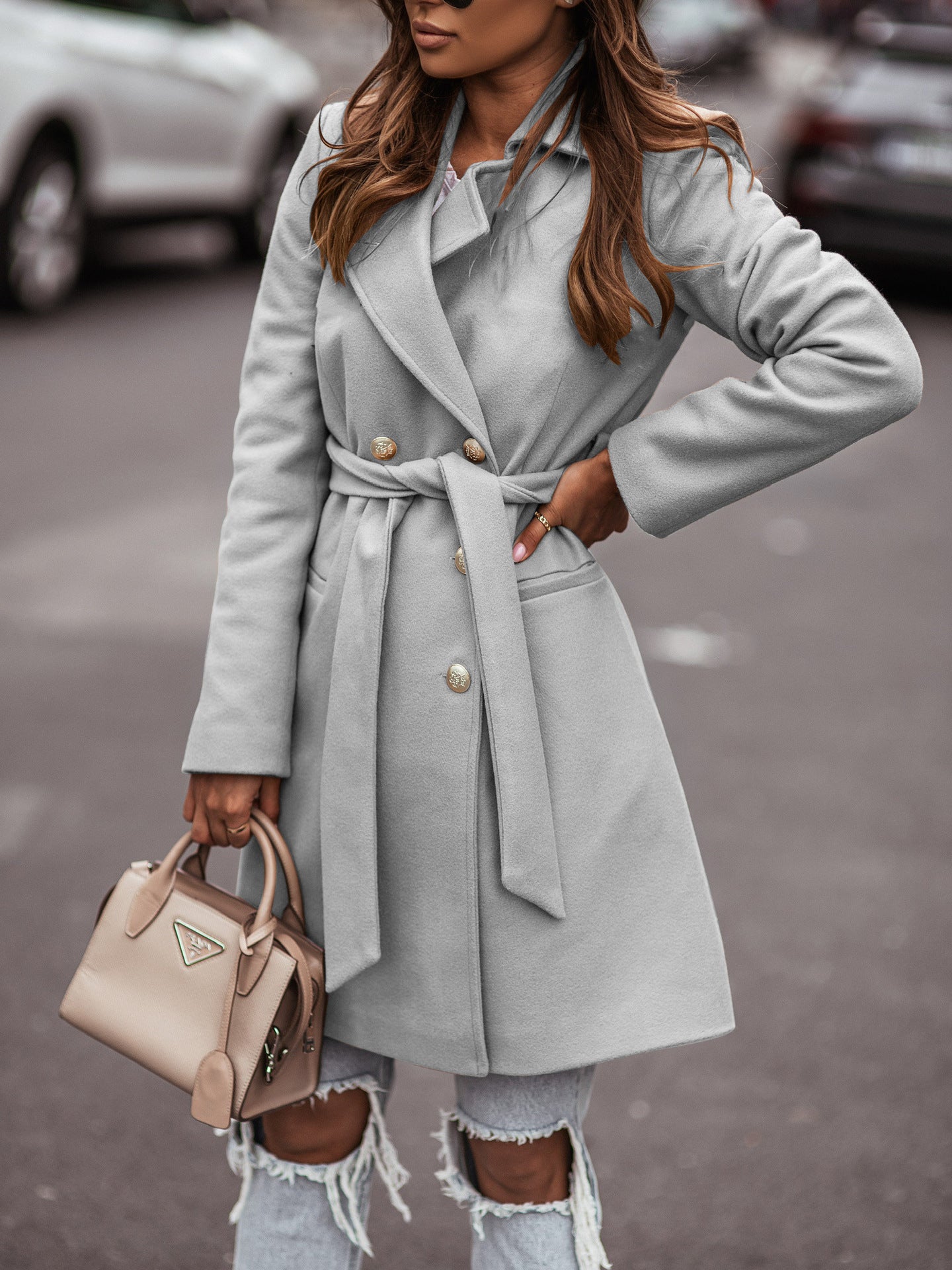 Autumn And Winter Long Sleeved Suit Collar Double Breasted Woolen Coat Jacket Women