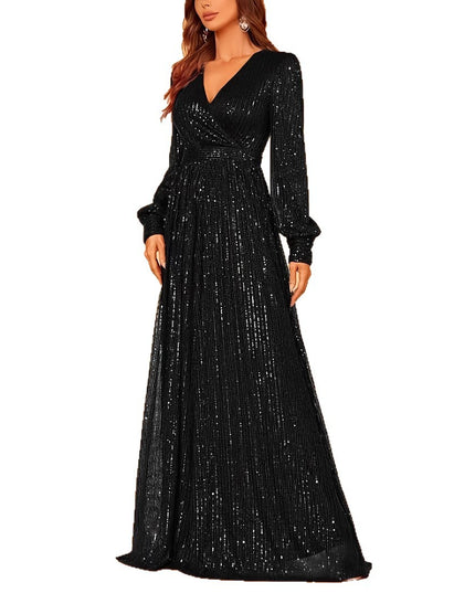 Elegant Dinner Sequined Long Sleeve V-neck High Waist