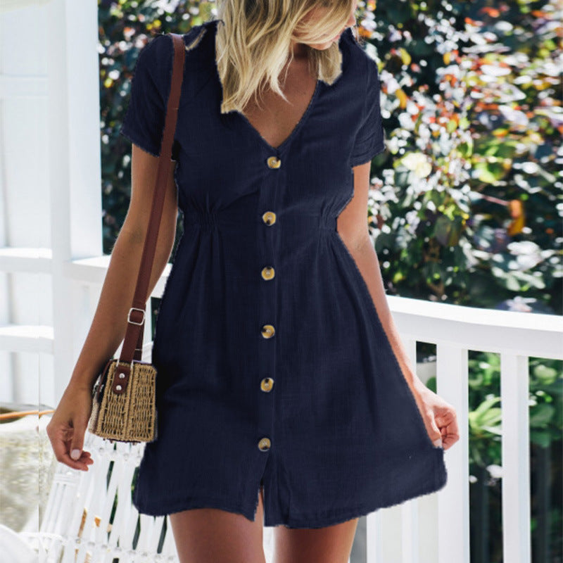 New women's solid color V-neck slim single-breasted button high waist dress for women