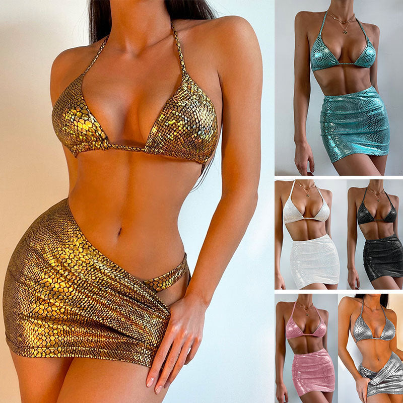 3 Piece Bathing Suits Halter Snake Pattern Bikini Set With Cover Up Skirt