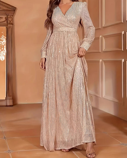 Elegant Dinner Sequined Long Sleeve V-neck High Waist