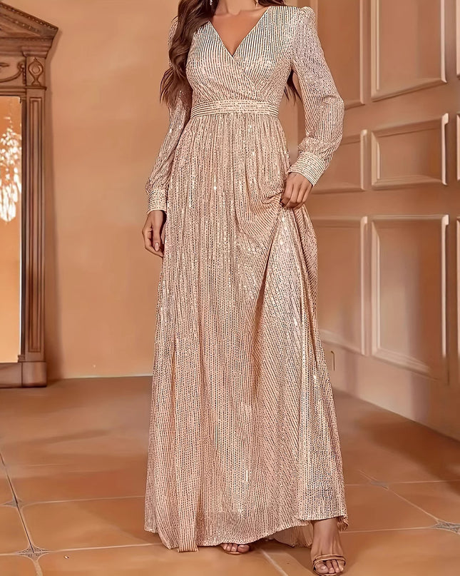 Elegant Dinner Sequined Long Sleeve V-neck High Waist