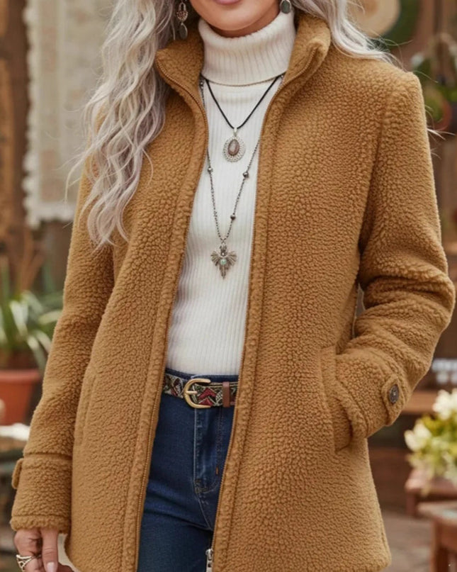 Stand-Up Collar Solid-Color Loose Casual Long-Sleeve Fleece Zip-Up Jacket