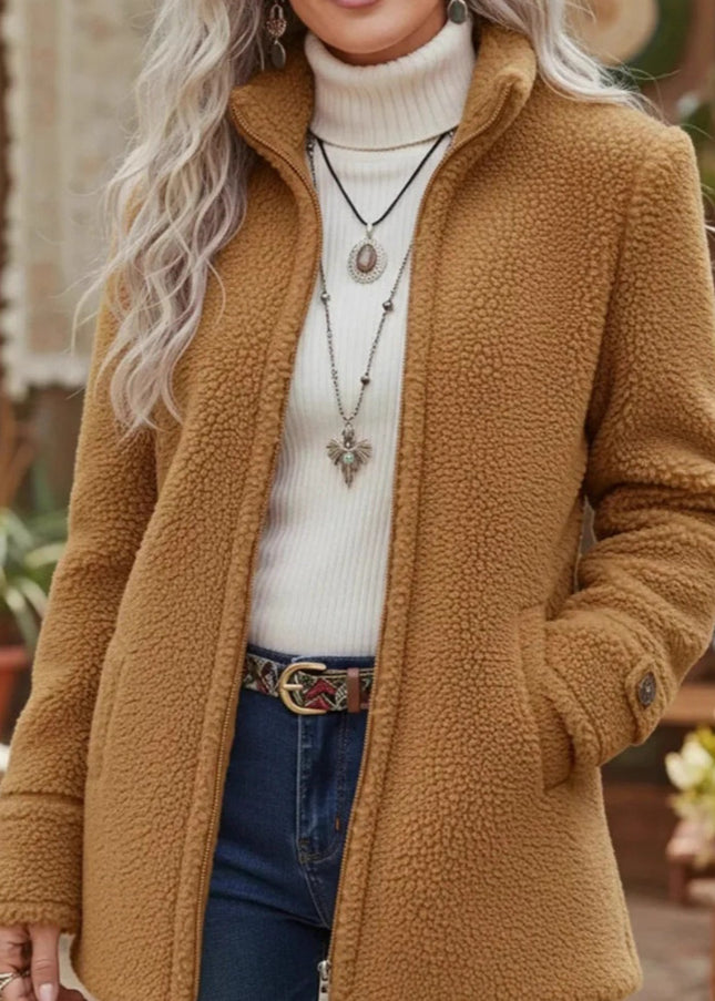 Stand-Up Collar Solid-Color Loose Casual Long-Sleeve Fleece Zip-Up Jacket