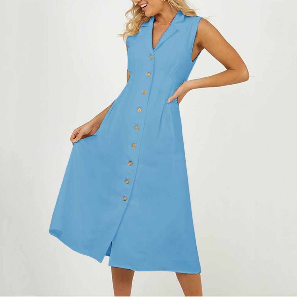 A row of button cotton and linen casual dresses