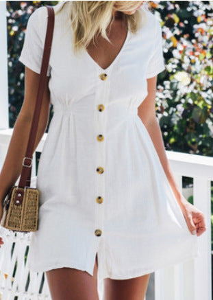 New women's solid color V-neck slim single-breasted button high waist dress for women