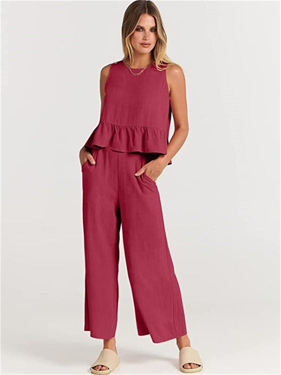 Casual Suit Summer Sleeveless Pleated Vest And Wide-leg Cropped Pants