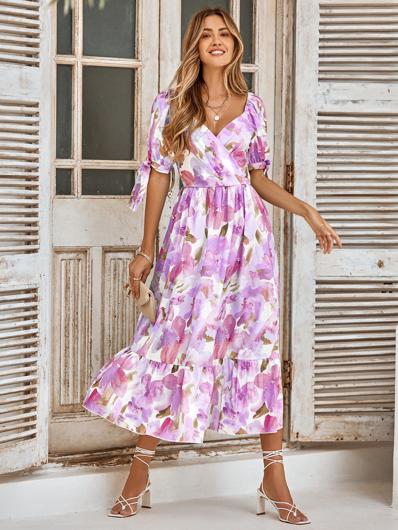Casual Printed Waist-controlled Puff Sleeve V-neck Long Dress