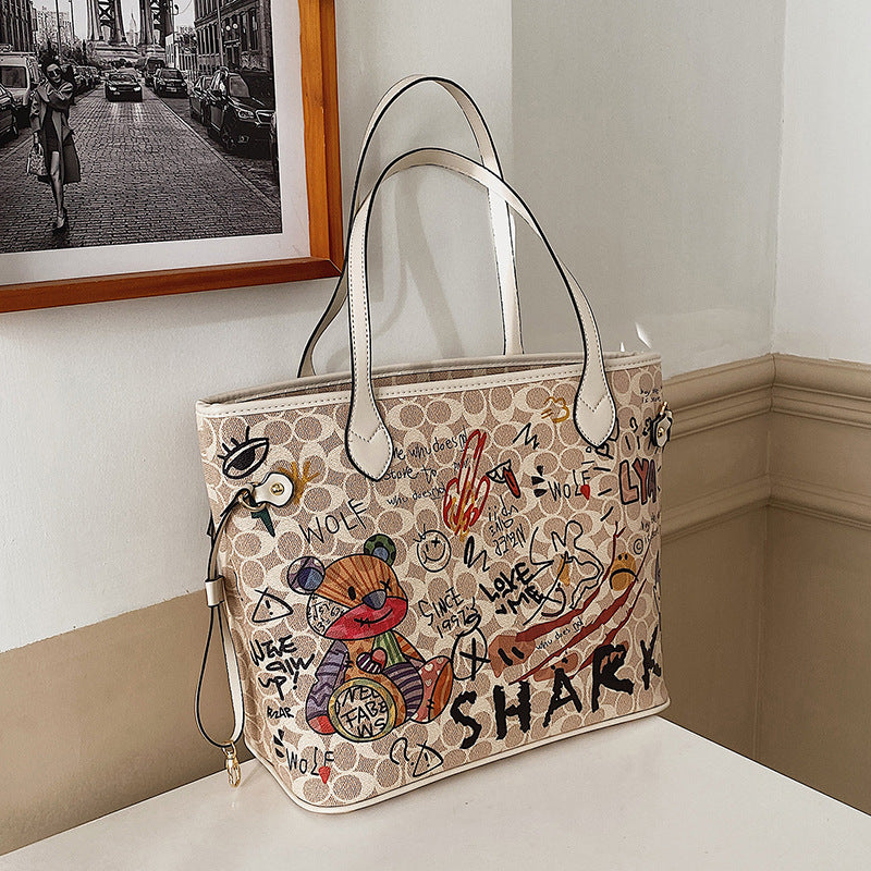 Printed Female Bear Graffiti New Handbag Versatile And Large Capacity