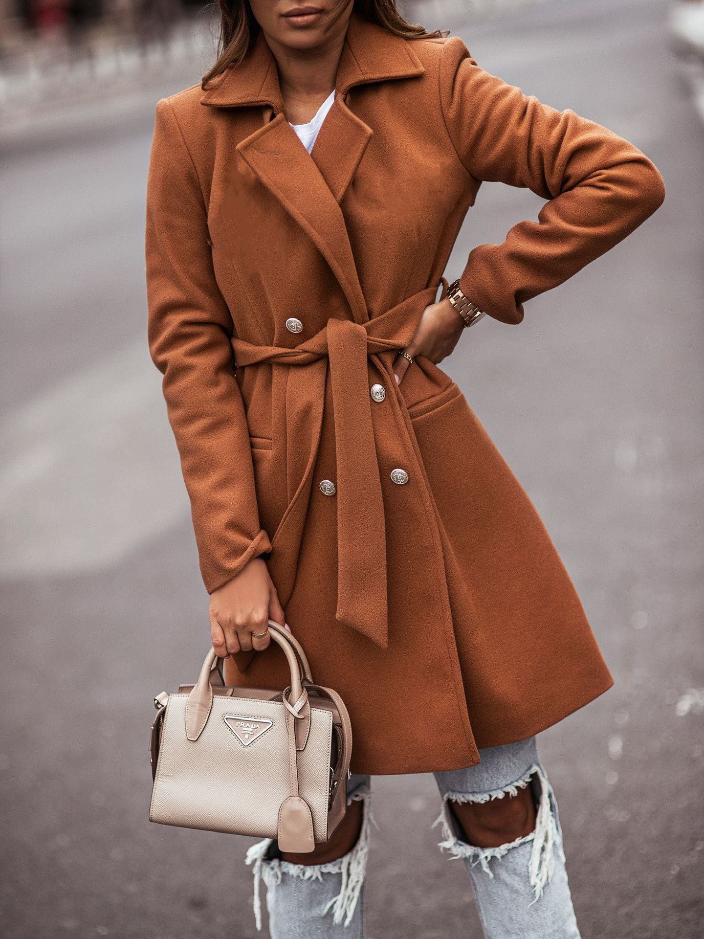 Autumn And Winter Long Sleeved Suit Collar Double Breasted Woolen Coat Jacket Women