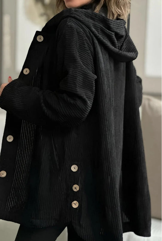 Corduroy hooded jacket with a mid-length -  button closure, and pockets