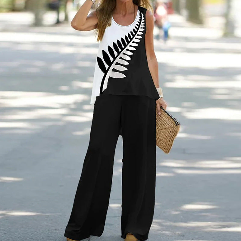 Sleeveless Top Elastic High Waist Pants Two Piece Set