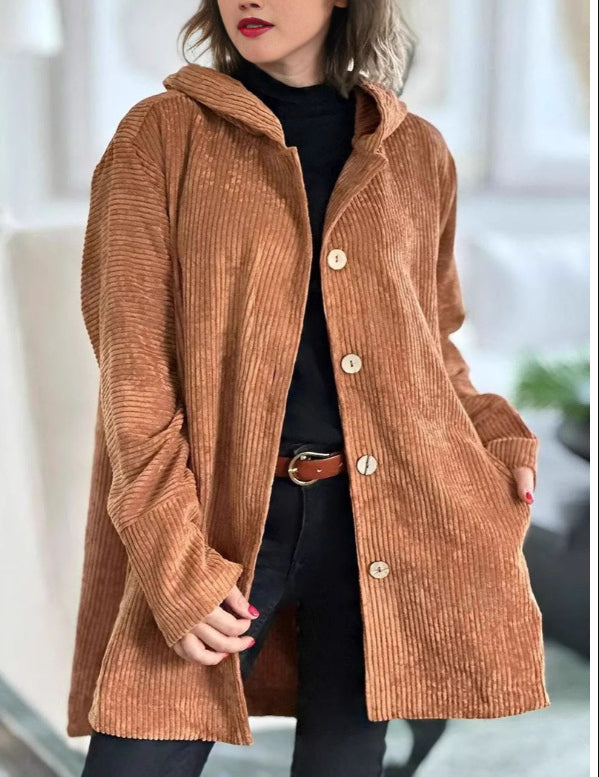 Corduroy hooded jacket with a mid-length -  button closure, and pockets