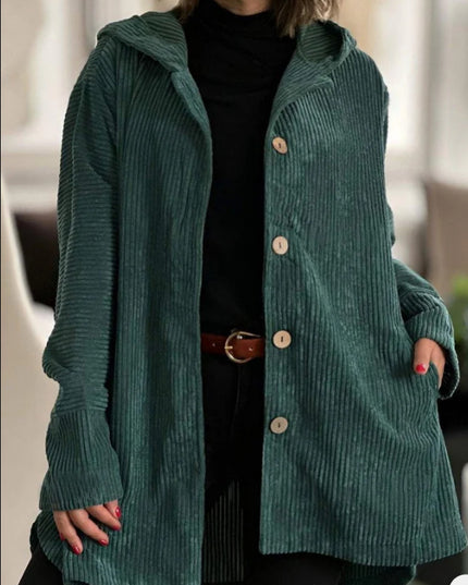 Corduroy hooded jacket with a mid-length -  button closure, and pockets