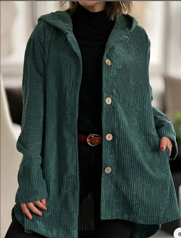 Corduroy hooded jacket with a mid-length -  button closure, and pockets