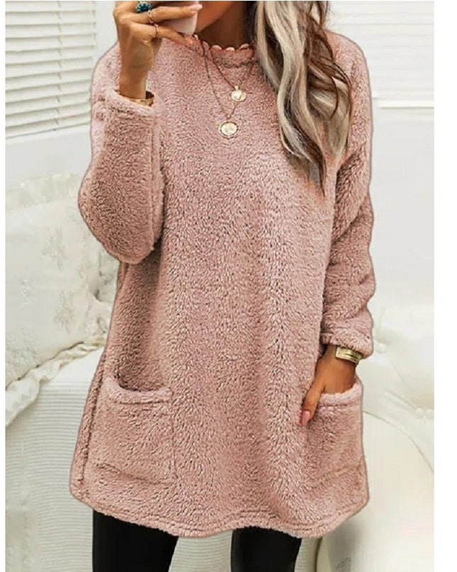 Fleece Pullover Long Sweater with Pockets – Hoodie