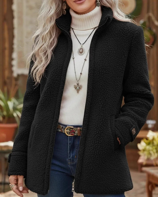 Stand-Up Collar Solid-Color Loose Casual Long-Sleeve Fleece Zip-Up Jacket
