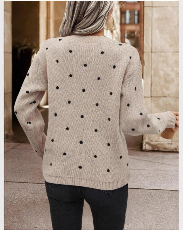 Fashionable polka dot print pullover sweater designed for a chic and casual look