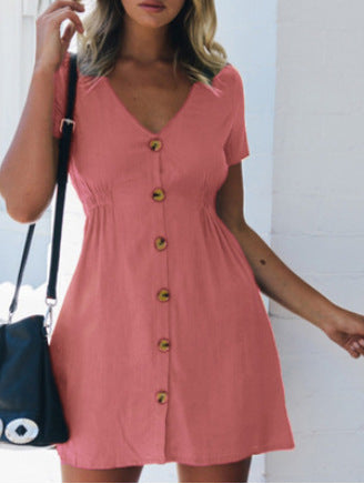 New women's solid color V-neck slim single-breasted button high waist dress for women
