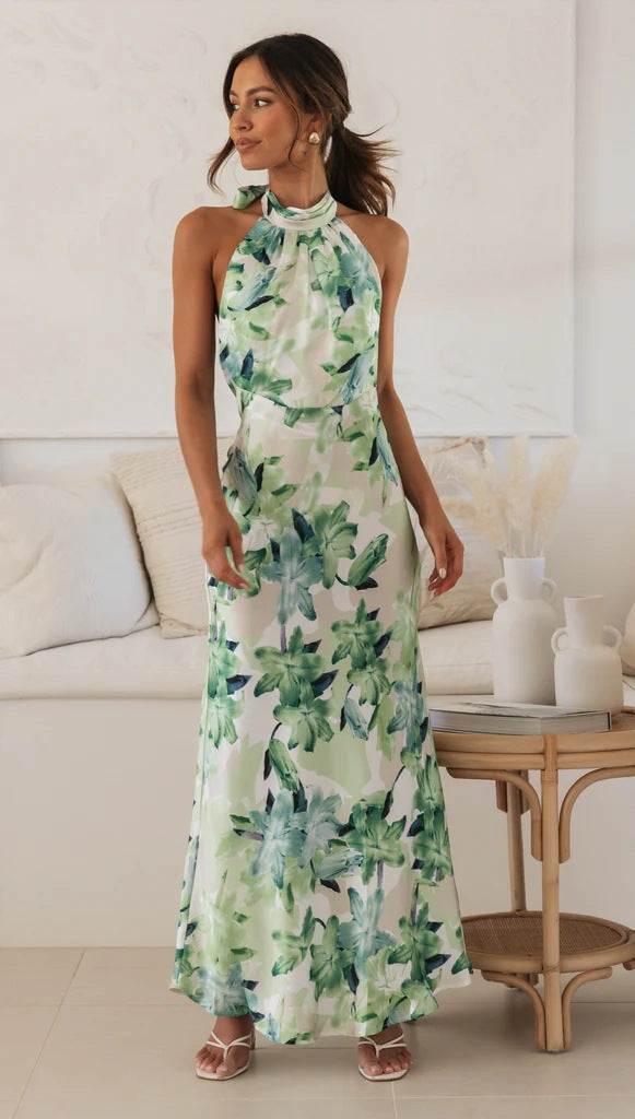 Tie Halter Lace-up Backless Print Dress