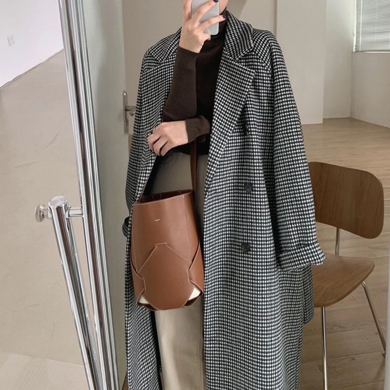 Women's Fashionable Loose Mid-length Houndstooth Plaid Coat