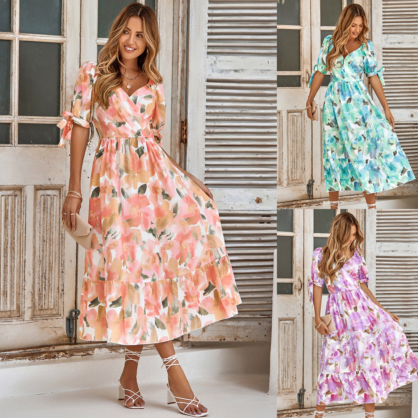 Casual Printed Waist-controlled Puff Sleeve V-neck Long Dress
